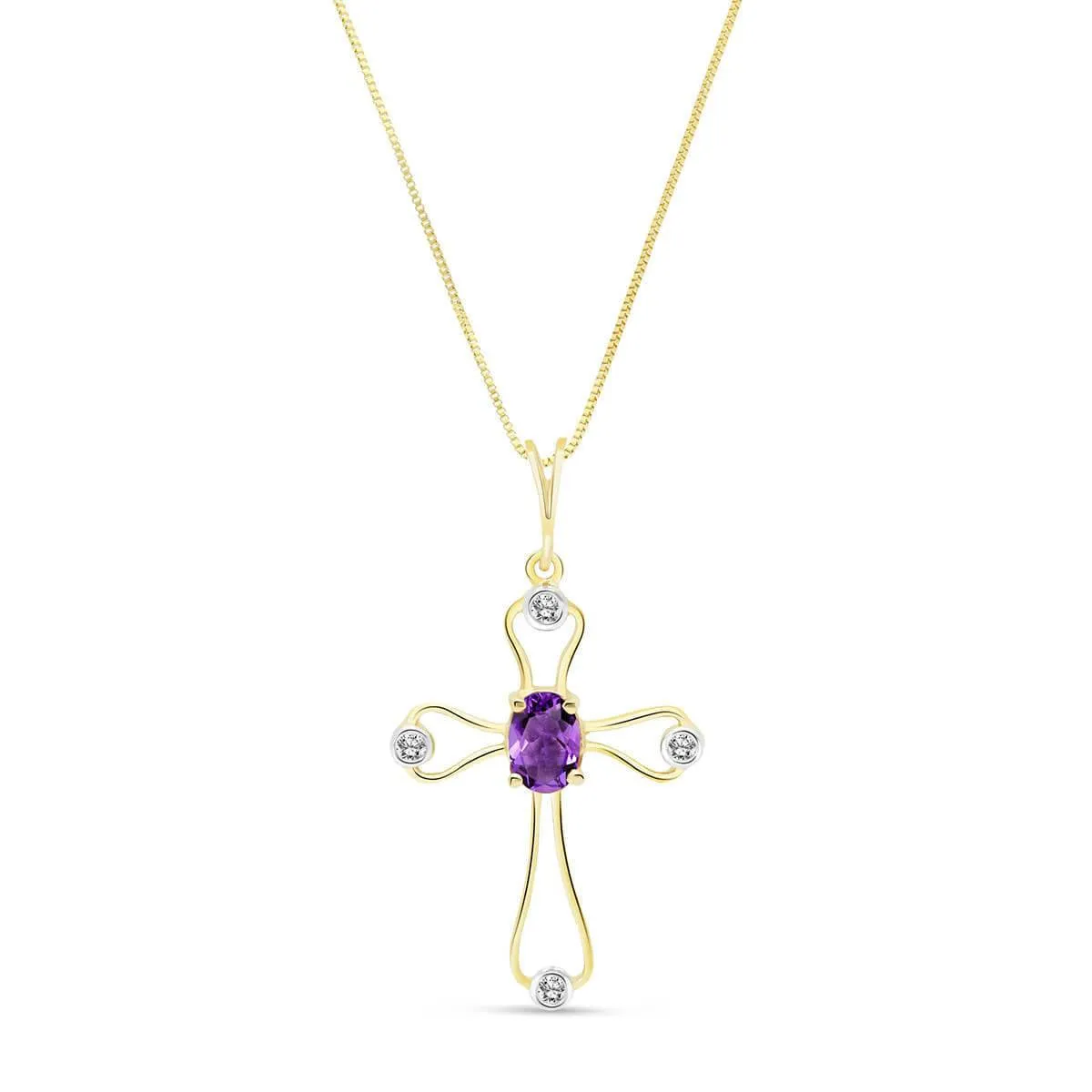 0.57 Carat 14K Solid Yellow Gold Cross Necklace Natural Diamond Amethyst