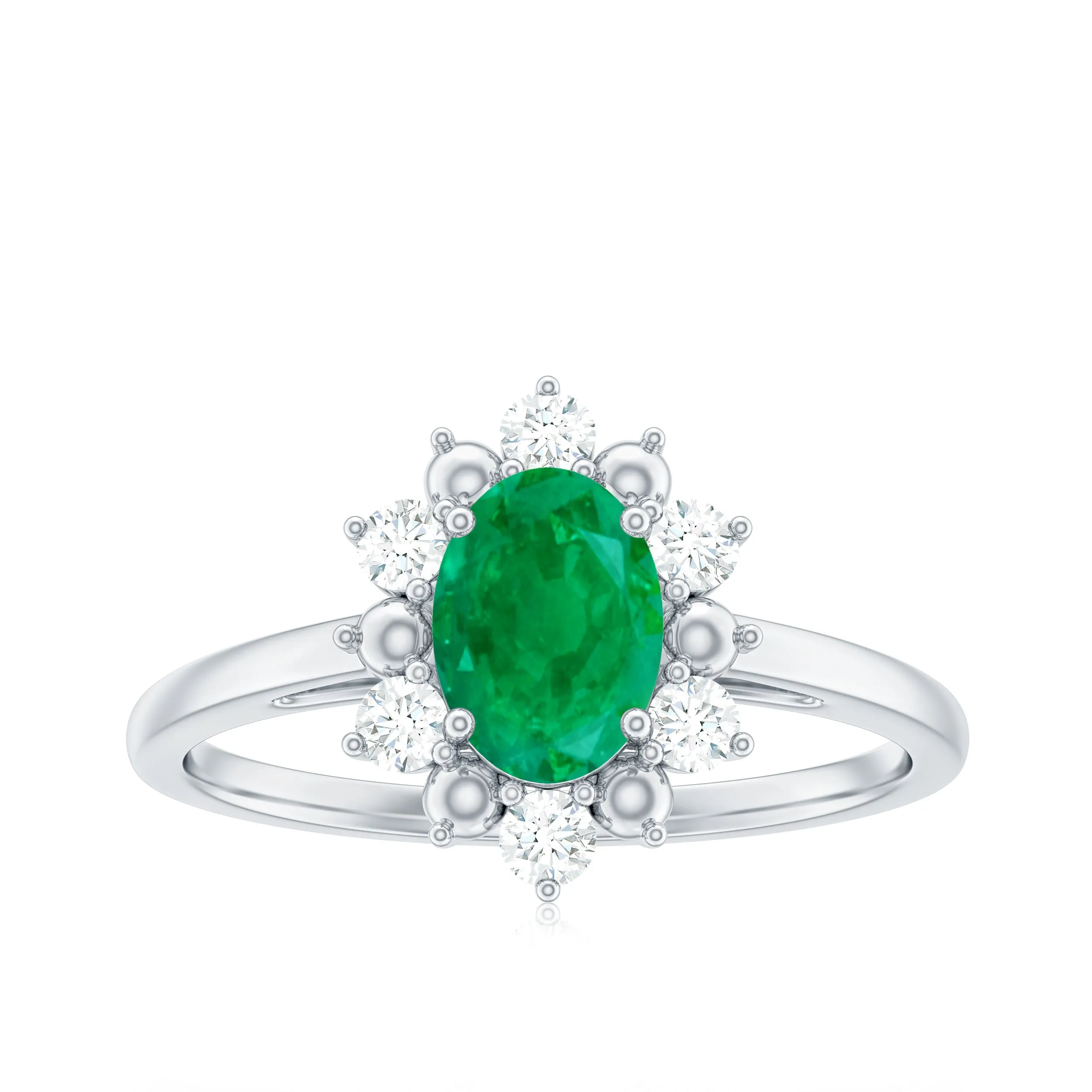 1 CT Oval Emerald Floral Halo Engagement Ring with Diamond