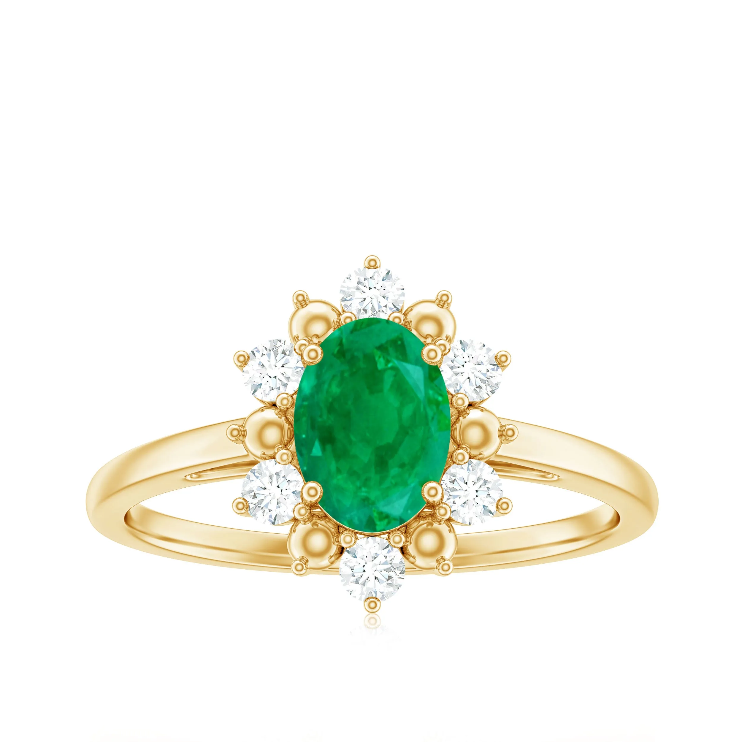 1 CT Oval Emerald Floral Halo Engagement Ring with Diamond