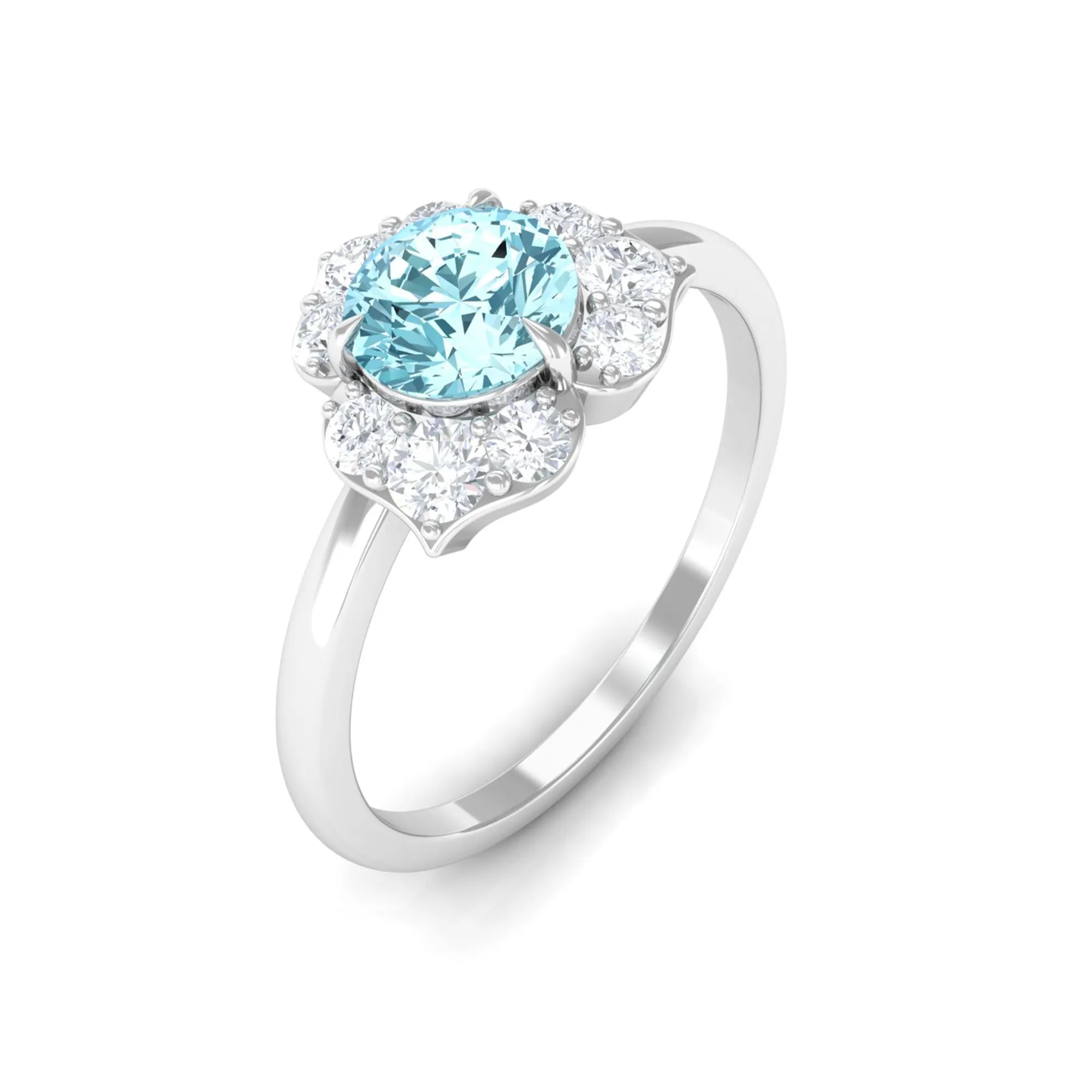 1 CT Round Aquamarine Flower Engagement Ring with Diamond