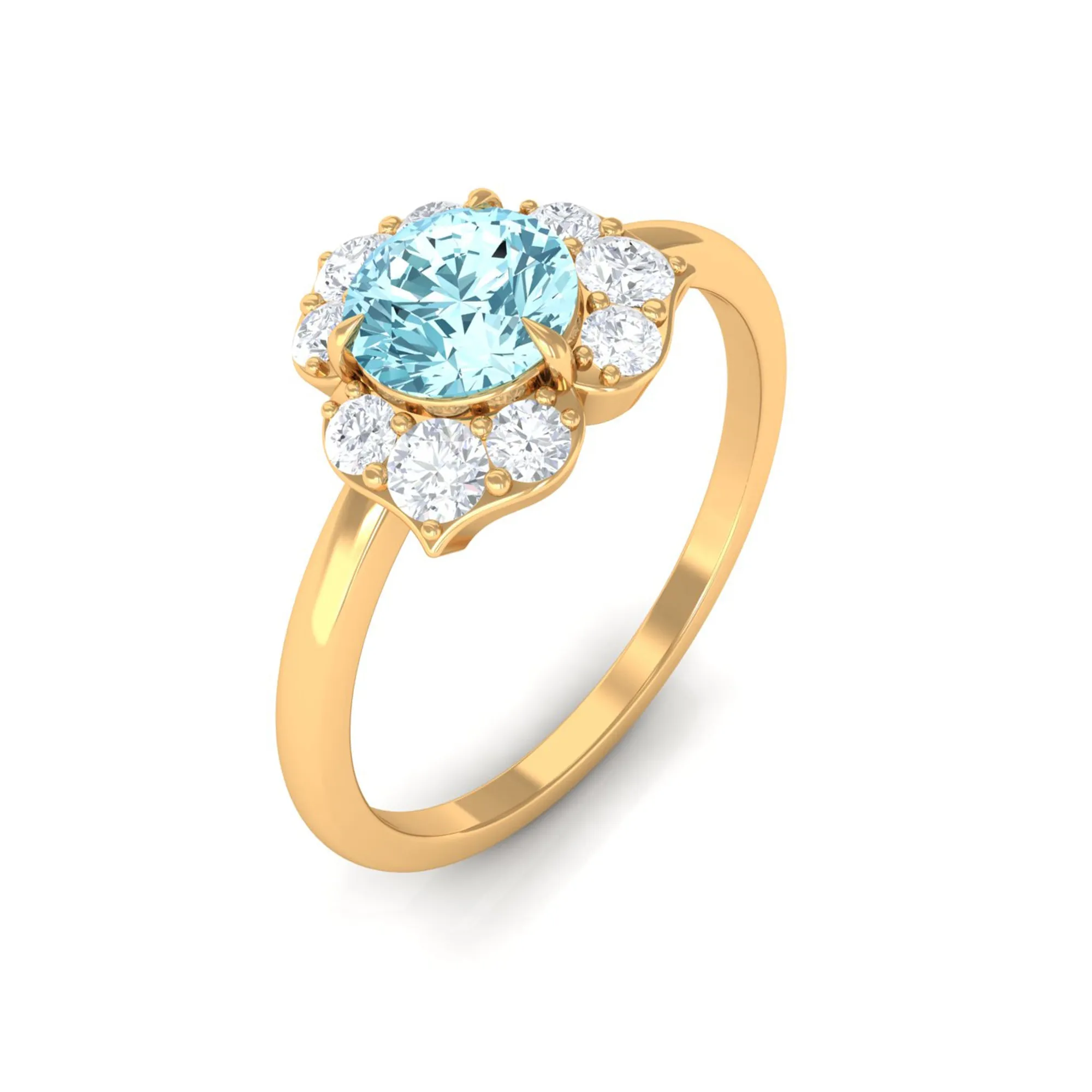 1 CT Round Aquamarine Flower Engagement Ring with Diamond