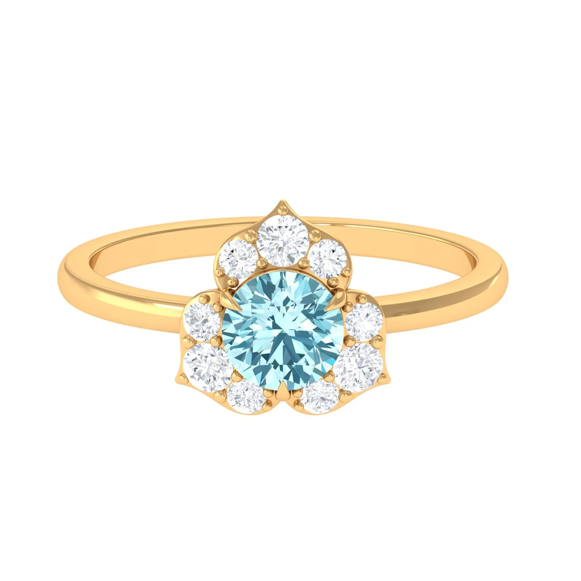 1 CT Round Aquamarine Flower Engagement Ring with Diamond