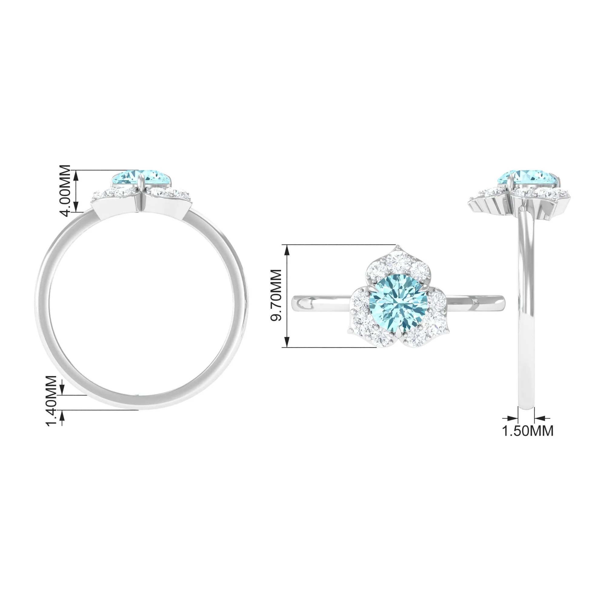 1 CT Round Aquamarine Flower Engagement Ring with Diamond