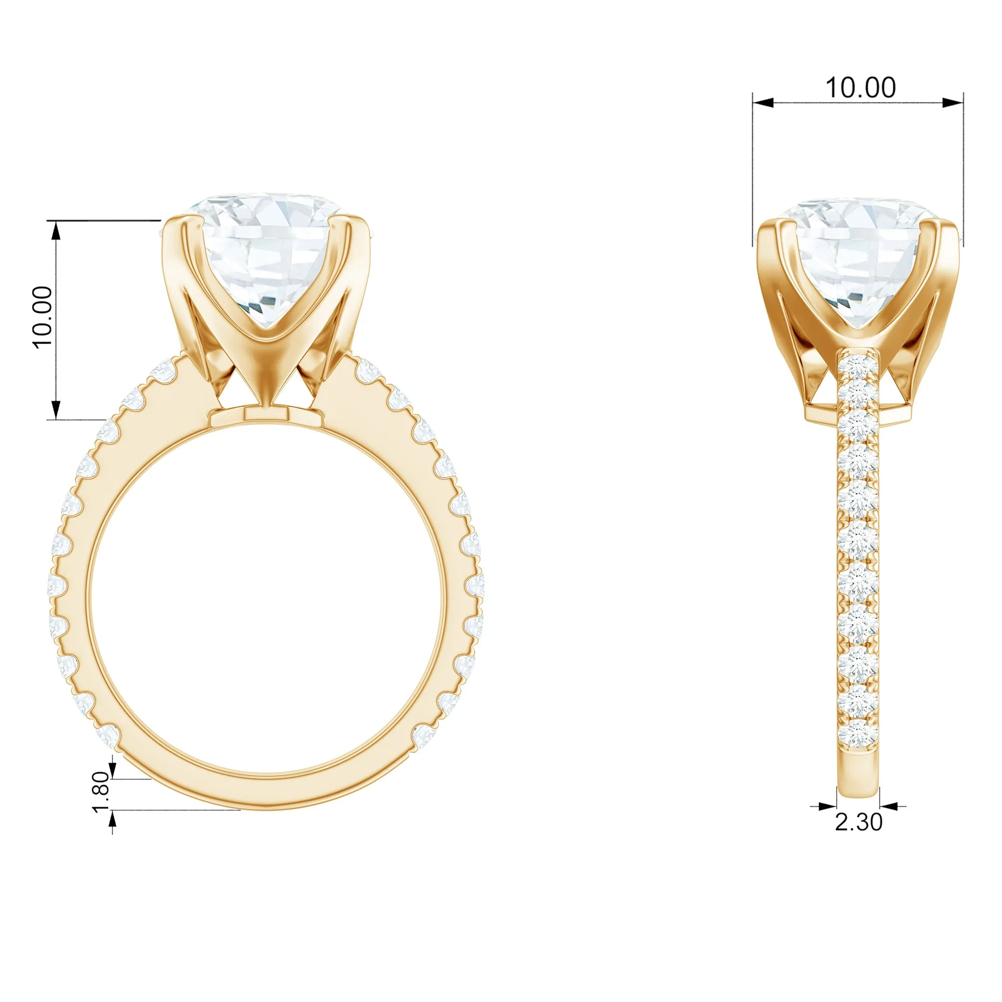 10 MM Round Moissanite Solitaire Engagement Ring with Side Stones