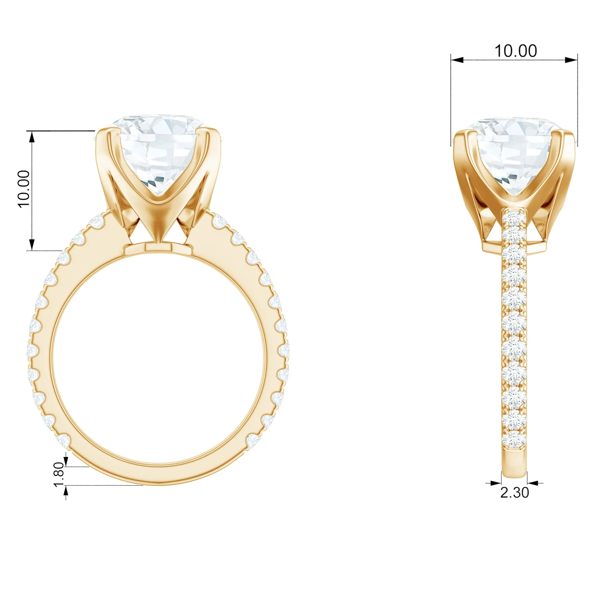 10 MM Round Moissanite Solitaire Engagement Ring with Side Stones