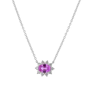 1.00ct Oval Pink Sapphire and 0.39ct Diamond Halo 16" Necklace in 18K White Gold