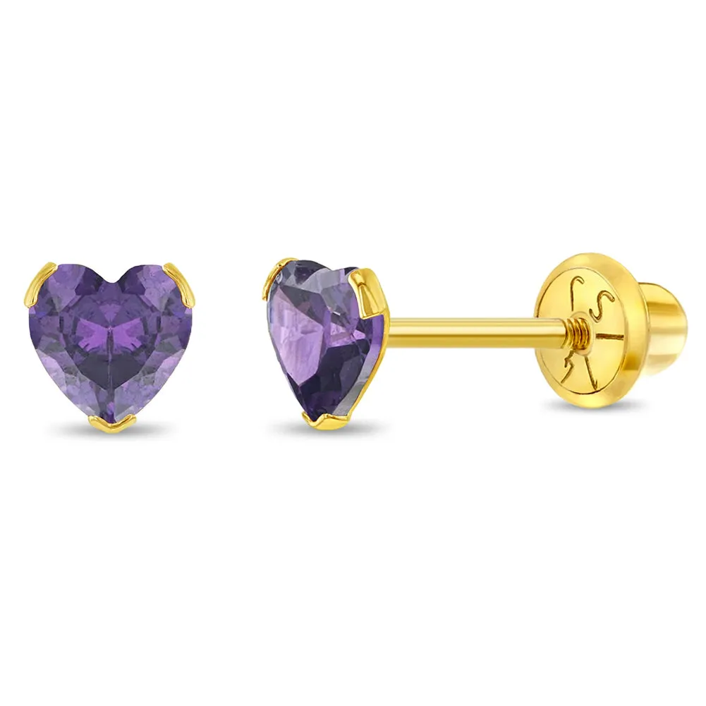 14k Gold Birthstone CZ Heart Baby / Toddler / Kids Earrings Safety Screw Back