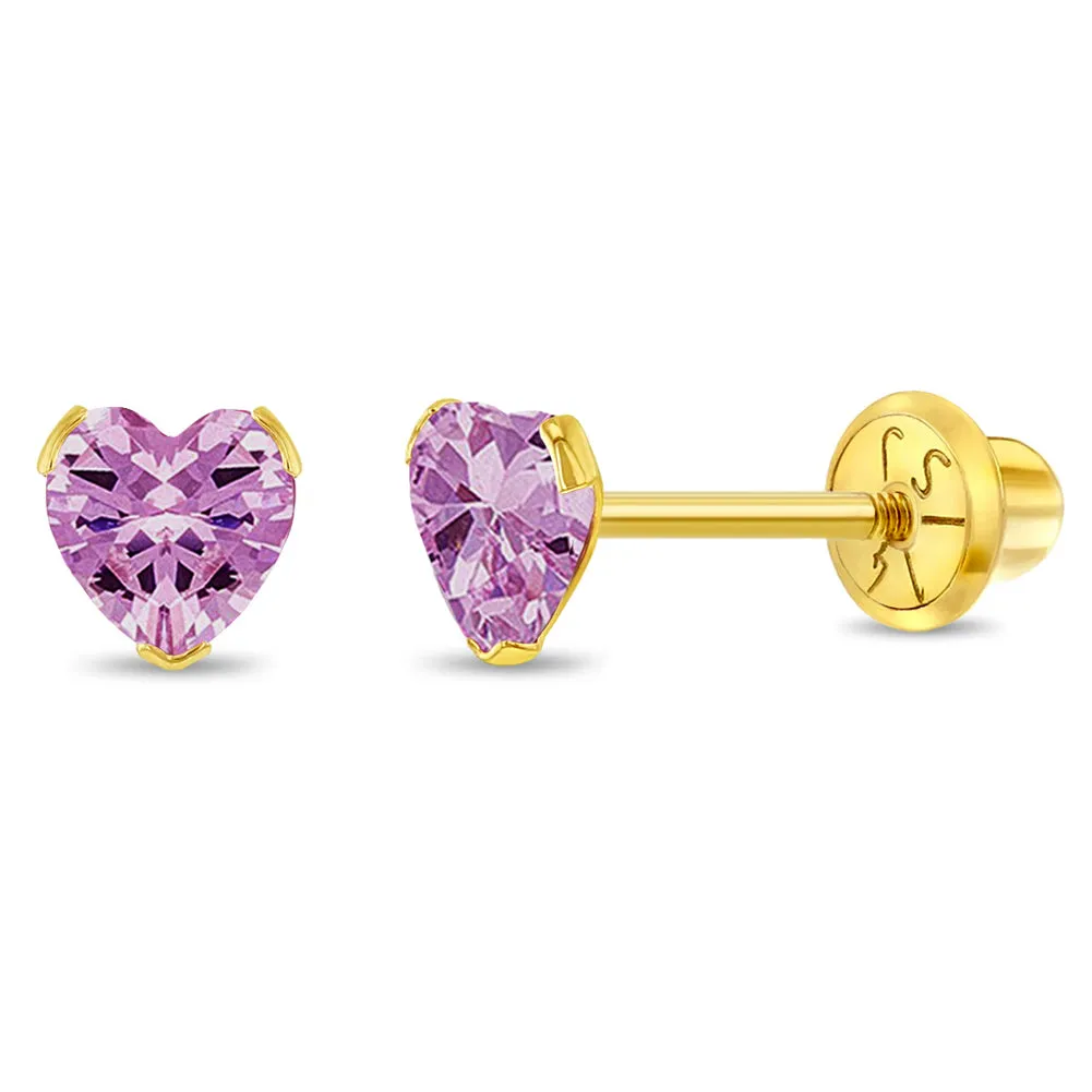 14k Gold Birthstone CZ Heart Baby / Toddler / Kids Earrings Safety Screw Back