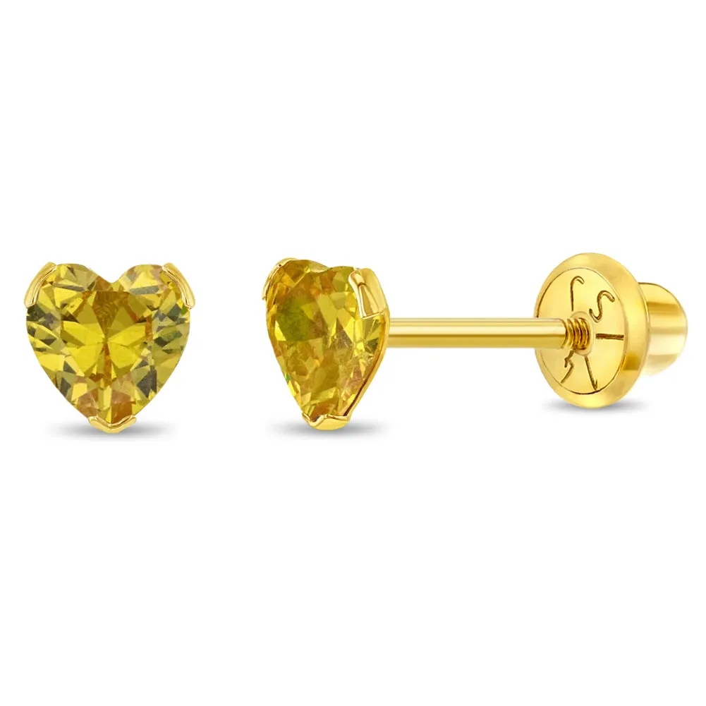 14k Gold Birthstone CZ Heart Baby / Toddler / Kids Earrings Safety Screw Back