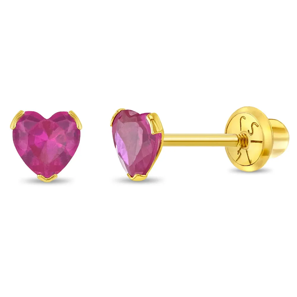 14k Gold Birthstone CZ Heart Baby / Toddler / Kids Earrings Safety Screw Back