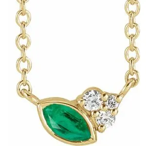 14K Gold Marquise Shape Emerald &  Diamond 16" Necklace