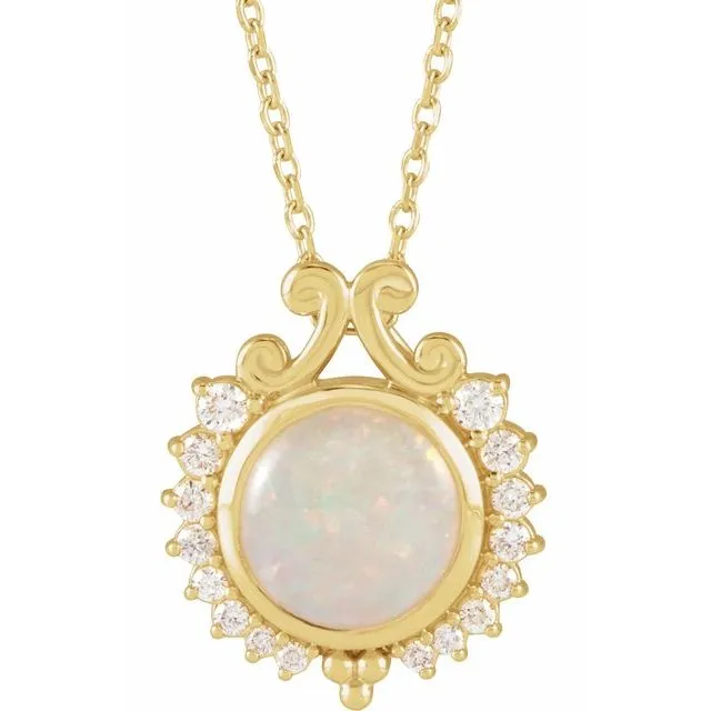 14K Gold Natural Opal & 1/6 CTW Natural Diamond 16-18" Necklace