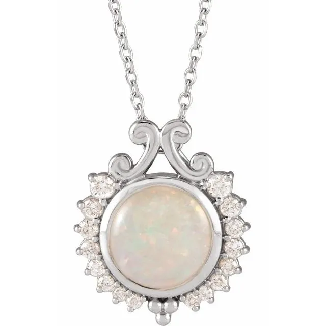 14K Gold Natural Opal & 1/6 CTW Natural Diamond 16-18" Necklace