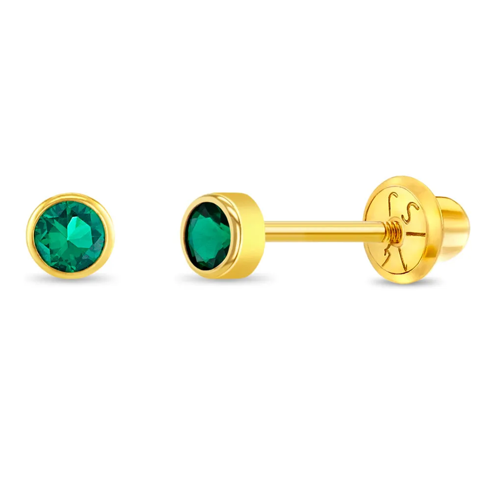 14k Gold Tiny Bezel Birthstone CZ Baby / Toddler / Kids Earrings Safety Screw Back