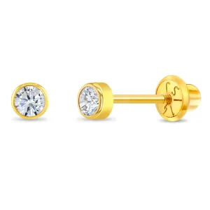 14k Gold Tiny Bezel Birthstone CZ Baby / Toddler / Kids Earrings Safety Screw Back