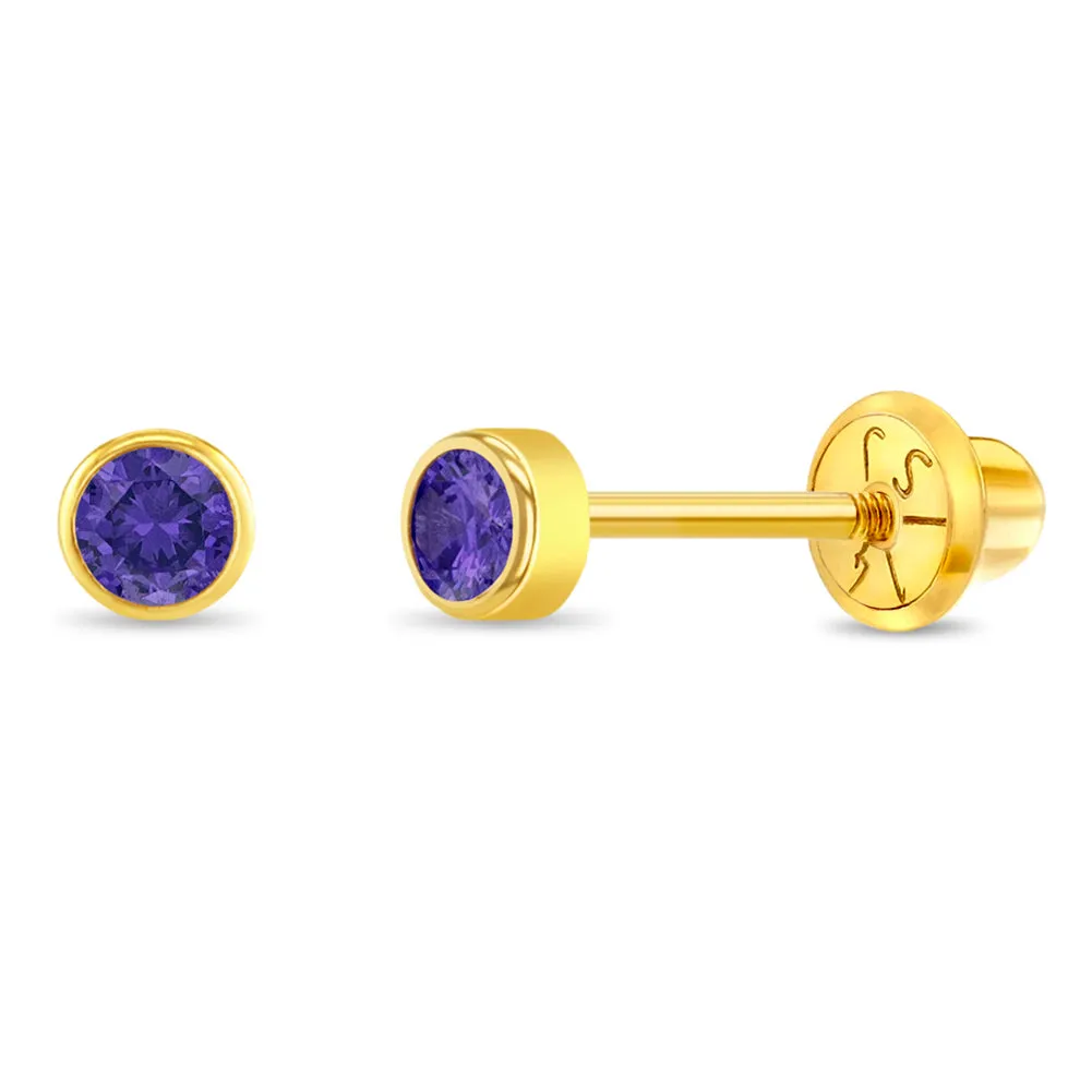 14k Gold Tiny Bezel Birthstone CZ Baby / Toddler / Kids Earrings Safety Screw Back