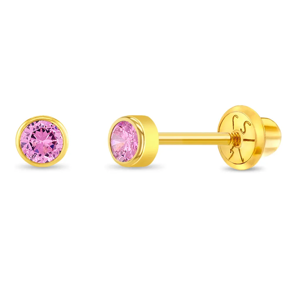 14k Gold Tiny Bezel Birthstone CZ Baby / Toddler / Kids Earrings Safety Screw Back