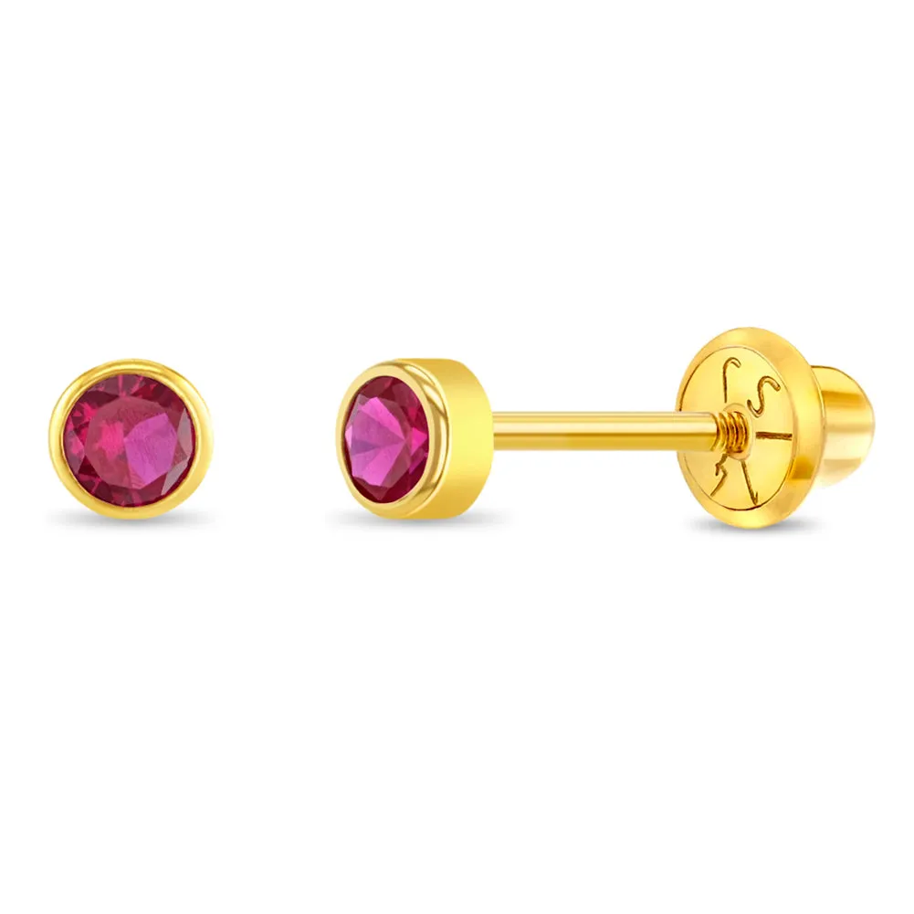 14k Gold Tiny Bezel Birthstone CZ Baby / Toddler / Kids Earrings Safety Screw Back