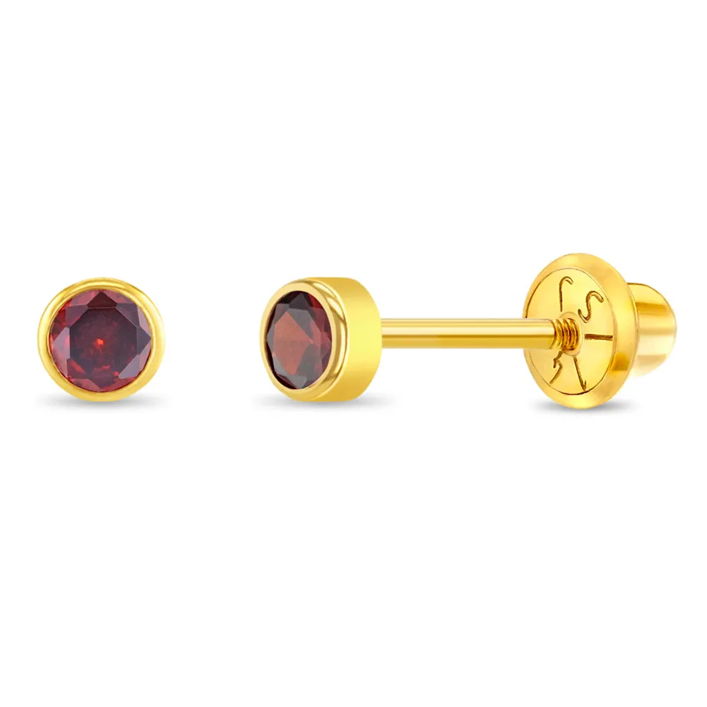 14k Gold Tiny Bezel Birthstone CZ Baby / Toddler / Kids Earrings Safety Screw Back