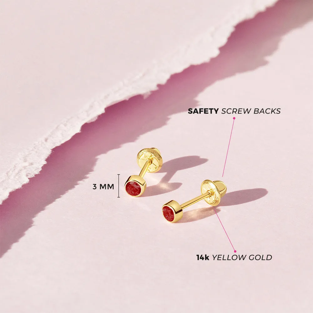 14k Gold Tiny Bezel Birthstone CZ Baby / Toddler / Kids Earrings Safety Screw Back