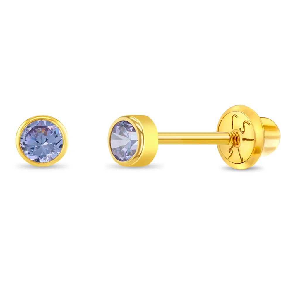 14k Gold Tiny Bezel Birthstone CZ Baby / Toddler / Kids Earrings Safety Screw Back