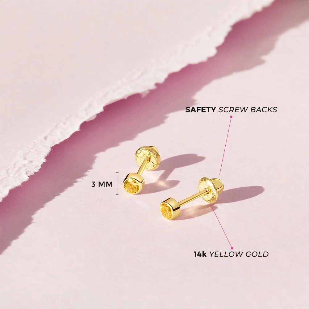 14k Gold Tiny Bezel Birthstone CZ Baby / Toddler / Kids Earrings Safety Screw Back