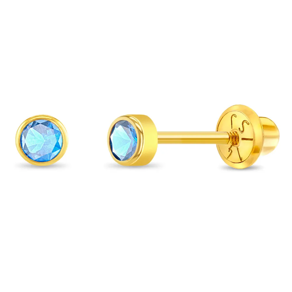 14k Gold Tiny Bezel Birthstone CZ Baby / Toddler / Kids Earrings Safety Screw Back