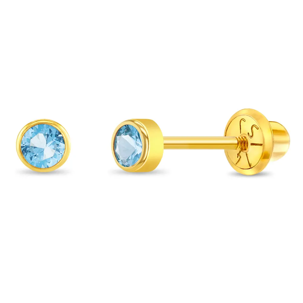 14k Gold Tiny Bezel Birthstone CZ Baby / Toddler / Kids Earrings Safety Screw Back