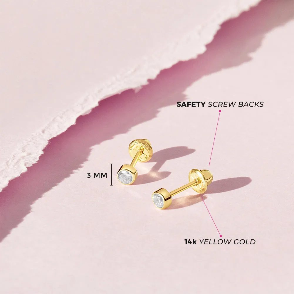 14k Gold Tiny Bezel Birthstone CZ Baby / Toddler / Kids Earrings Safety Screw Back