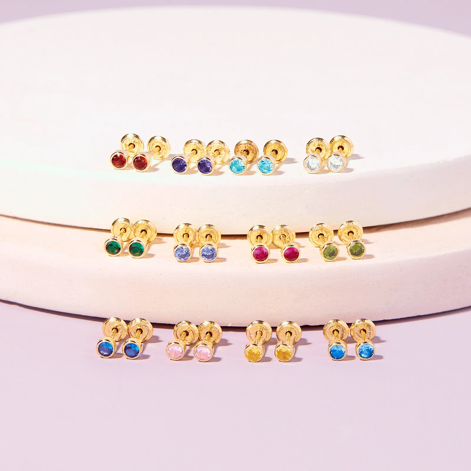 14k Gold Tiny Bezel Birthstone CZ Baby / Toddler / Kids Earrings Safety Screw Back