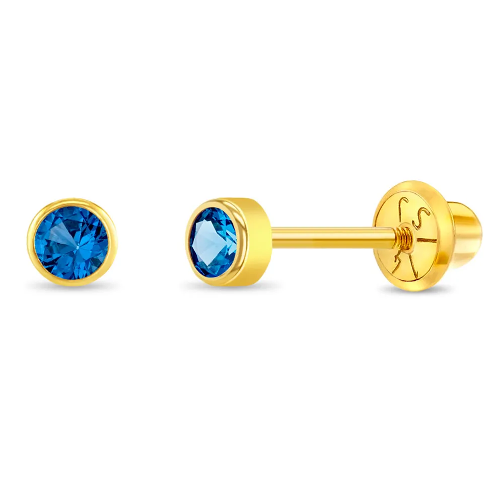 14k Gold Tiny Bezel Birthstone CZ Baby / Toddler / Kids Earrings Safety Screw Back