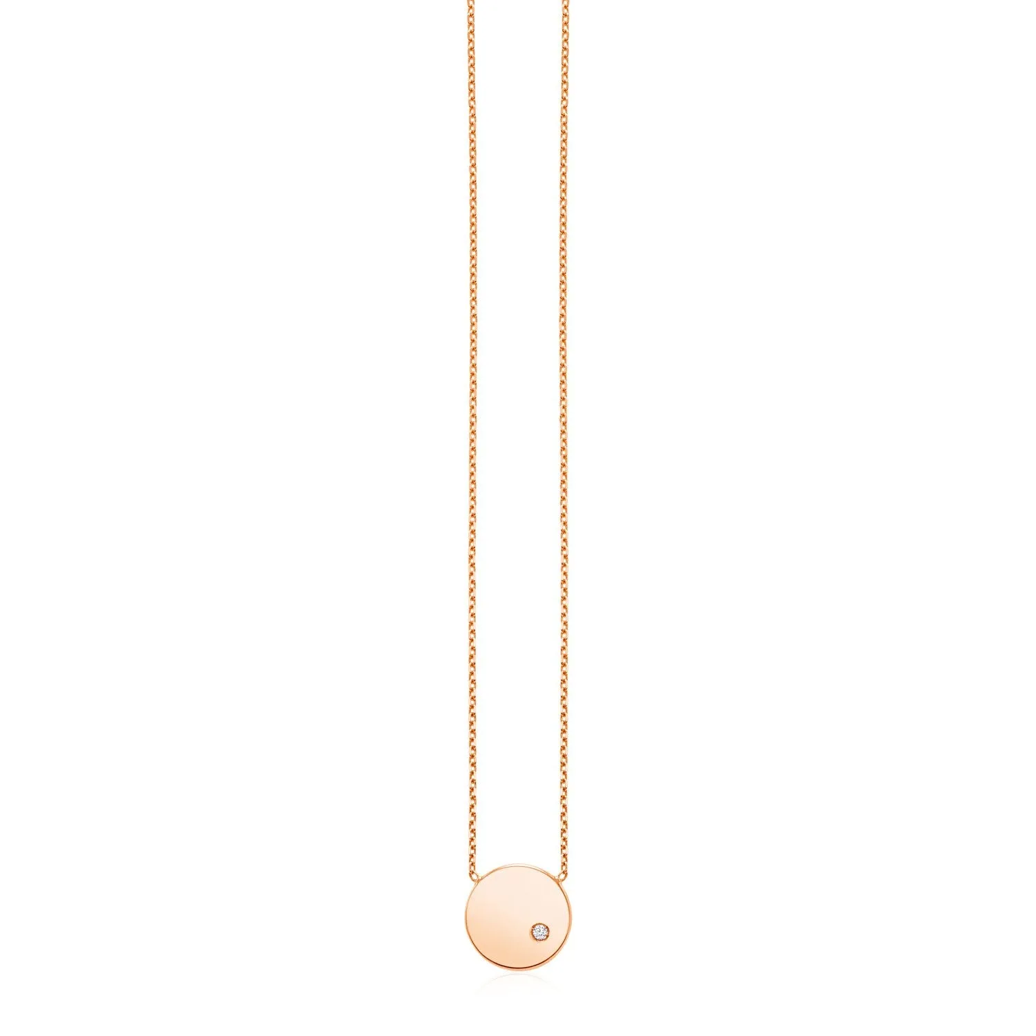 14k Rose Gold Necklace with Polished Round Pendant with Diamond