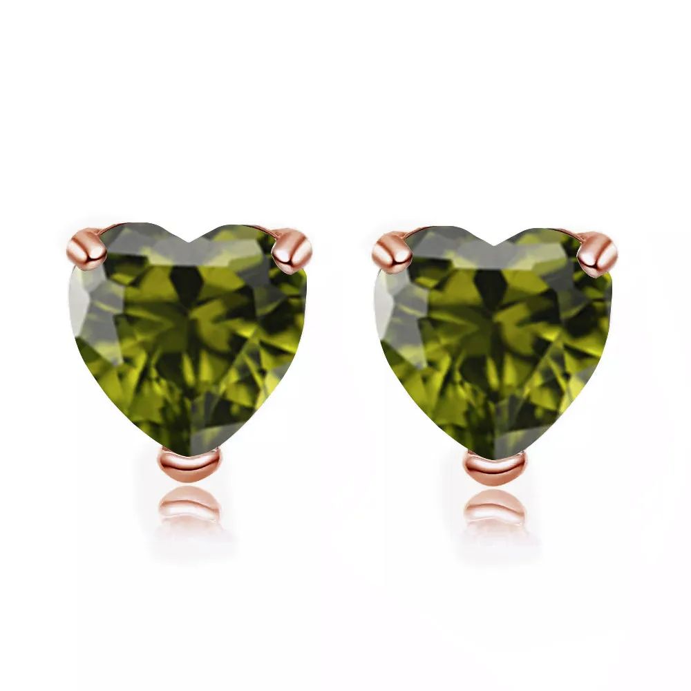 14k Rose Gold Plated 1/2 Carat Heart Created Peridot Stud Earrings