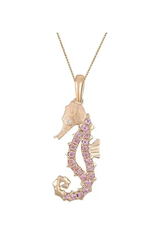 14k Rose Gold Single Sea Horse Pendant with Diamond and 22 Pastel Pink Sapphires