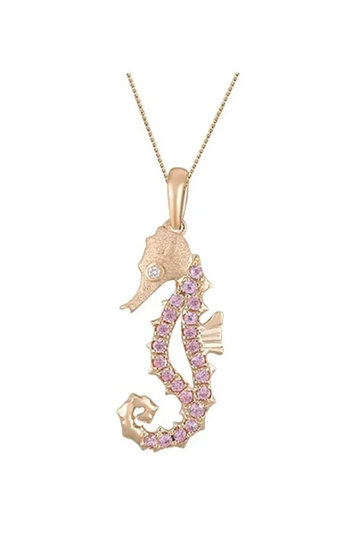 14k Rose Gold Single Sea Horse Pendant with Diamond and 22 Pastel Pink Sapphires