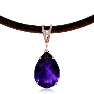 14K Solid Rose Gold & Leather Diamond/Purple Amethyst Pear Cut Necklace