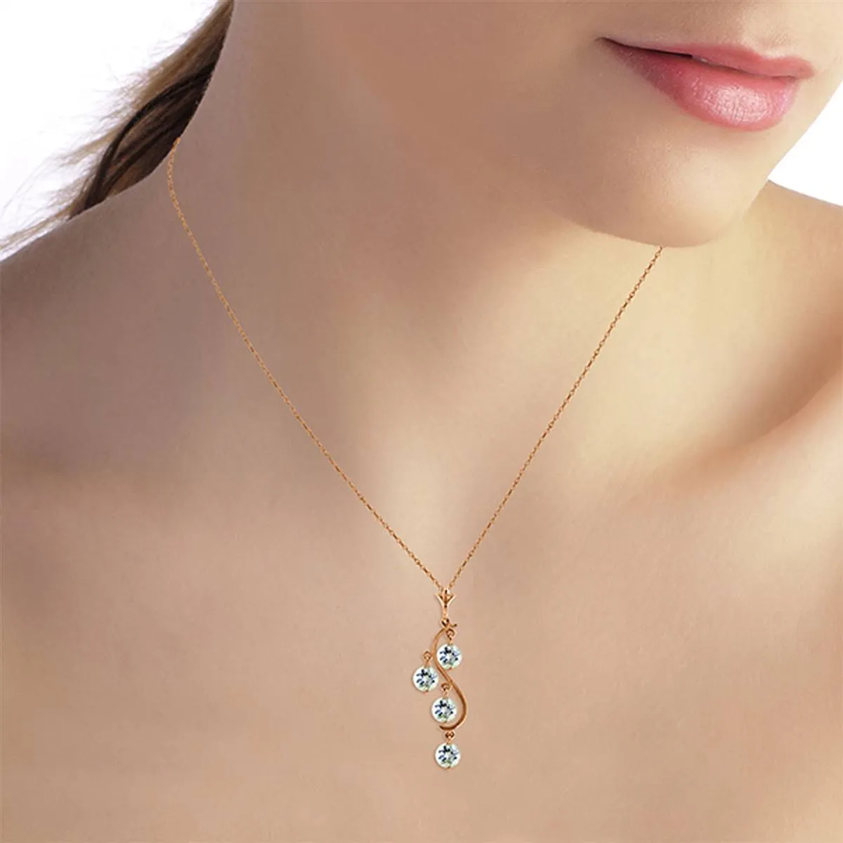 14K Solid Rose Gold Aquamarines Necklace Gemstone Genuine Deluxe