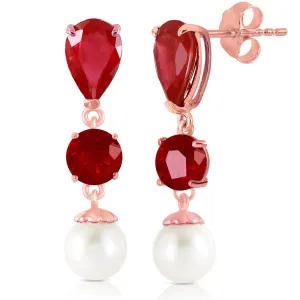 14K Solid Rose Gold Chandelier Fine Ruby & Pearl Earrings