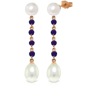 14K Solid Rose Gold Chandelier Pearl/Amethyst Earrings