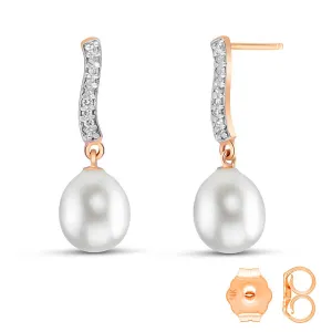 14K Solid Rose Gold Diamond & Pearl Jewelry Earrings