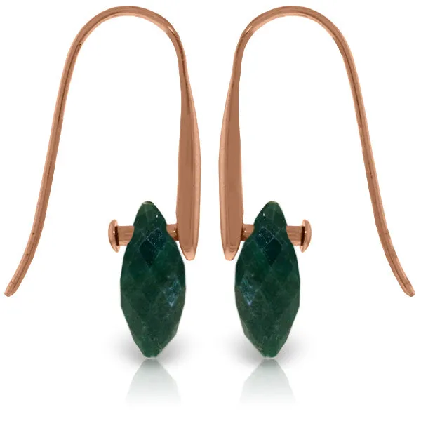 14K Solid Rose Gold Fish Hook Earrings w/ Dangling Briolette Emerald Color Corundum