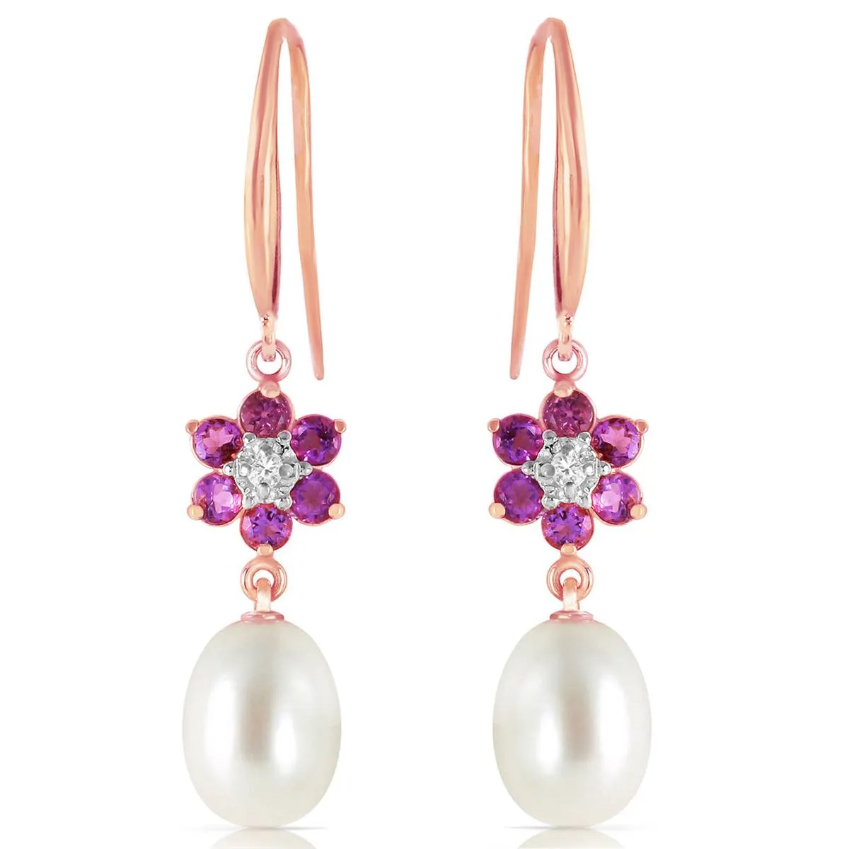 14K Solid Rose Gold Fish Hook Earrings w/ Diamonds, Amethysts & Pearls