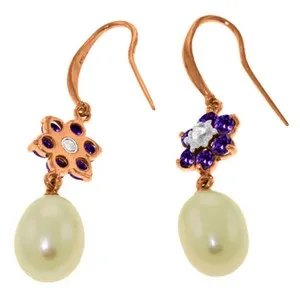 14K Solid Rose Gold Fish Hook Earrings w/ Diamonds, Amethysts & Pearls