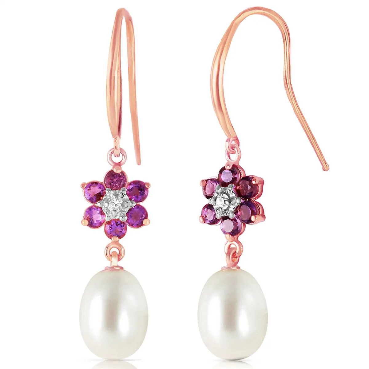 14K Solid Rose Gold Fish Hook Earrings w/ Diamonds, Amethysts & Pearls