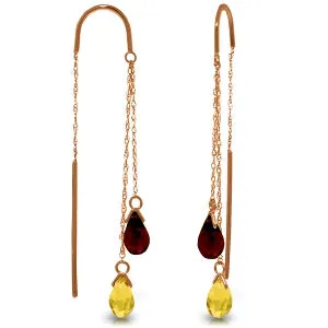 14K Solid Rose Gold Threaded Dangles Earrings w/ Citrines & Garnets