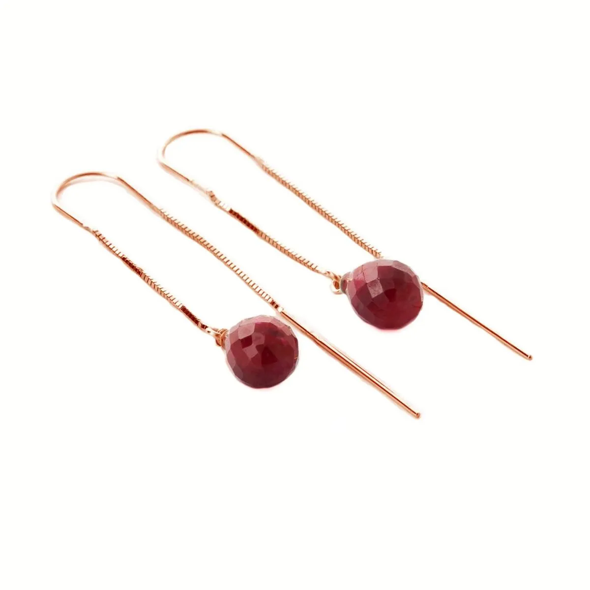 14K Solid Rose Gold Threaded Dangles Earrings w/ Rubies