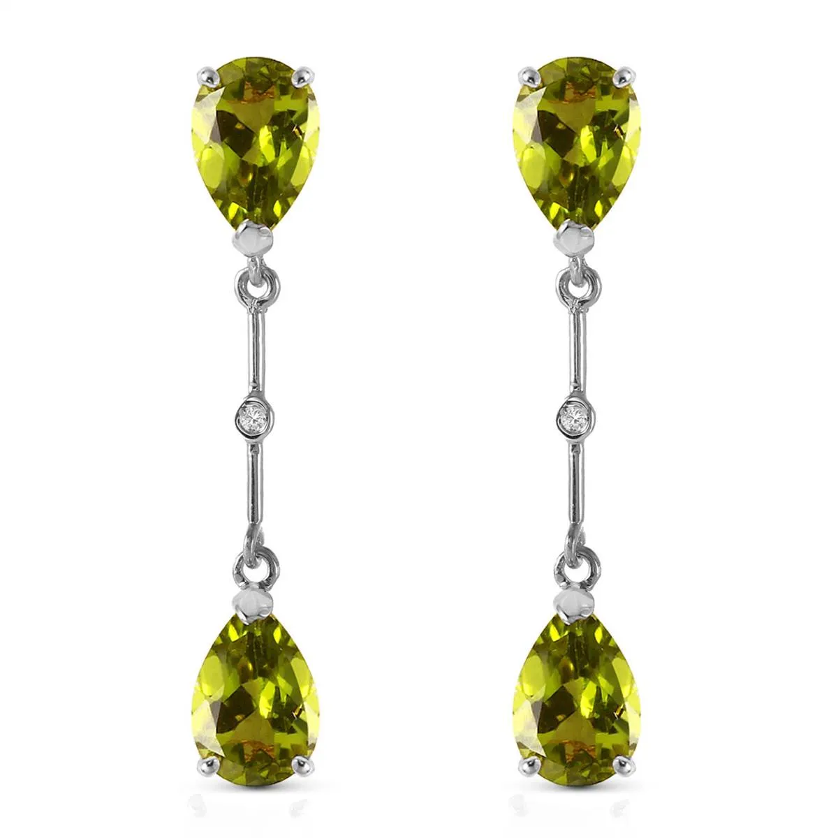 14K Solid White Gold Diamonds & Peridots Dangling Earrings