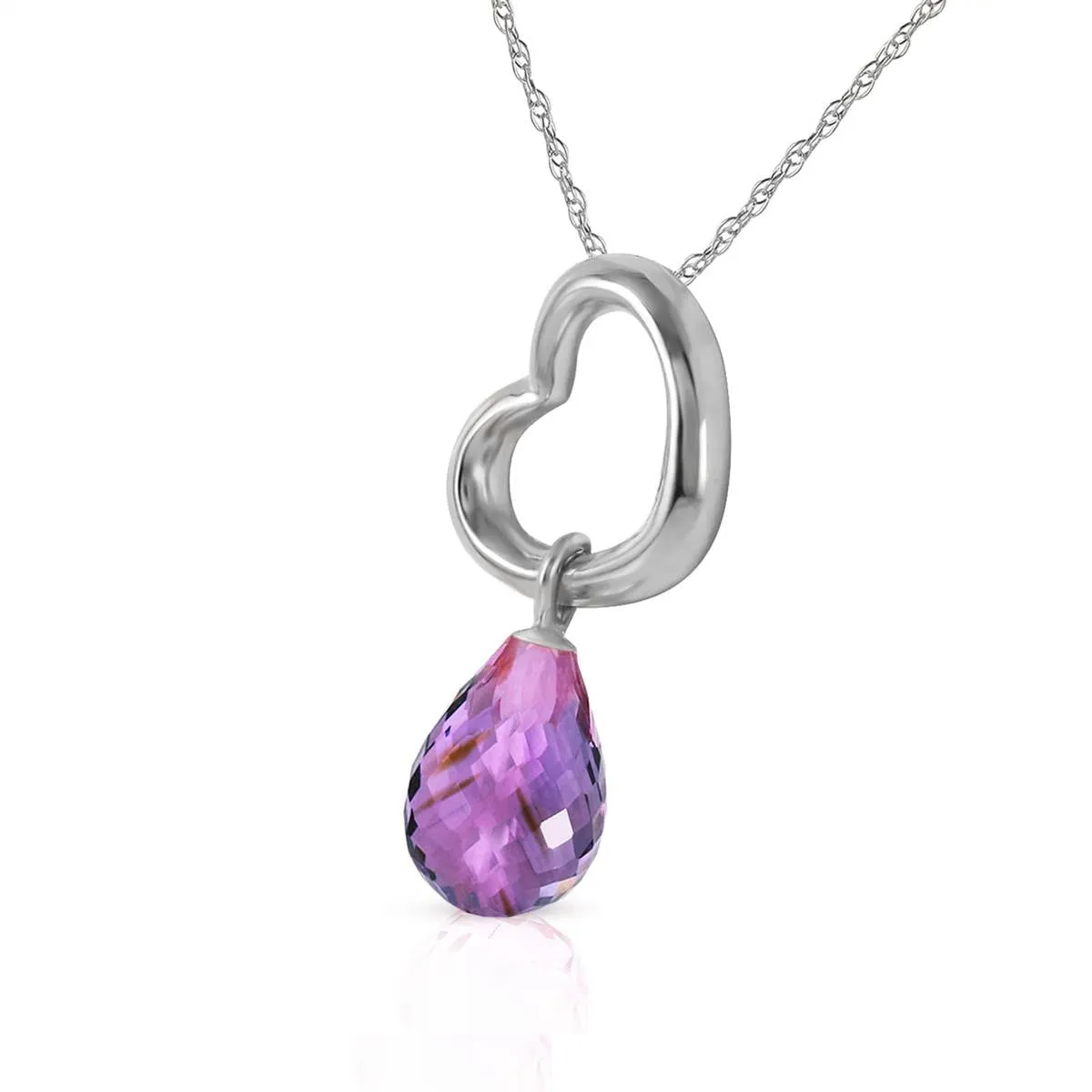 14K Solid White Gold Heart Necklace w/ Dangling Natural Amethyst