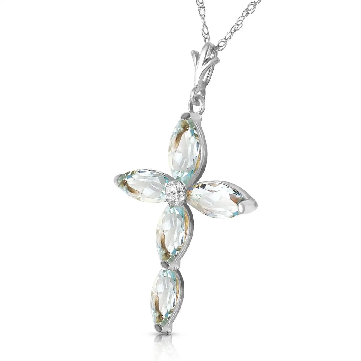 14K Solid White Gold Necklace w/ Natural Diamond & Aquamarines