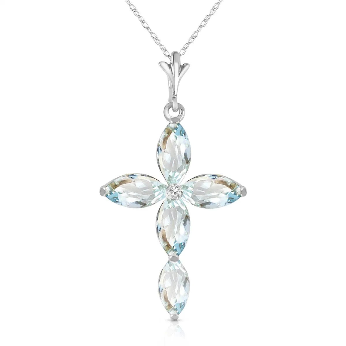 14K Solid White Gold Necklace w/ Natural Diamond & Aquamarines